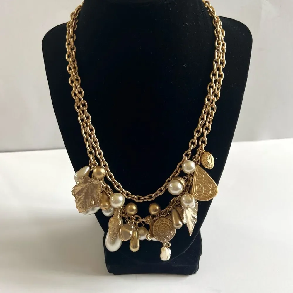 Pearl Gold Tone Dual Chain Charm Necklace